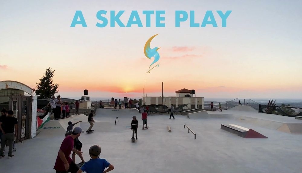 sunset over a skatepark with skaters, A Skate Park logo laid over top of image